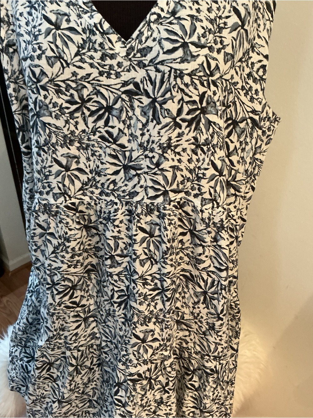Lucky Brand Size 1X Linen Floral Tiered Sleeveless Dress Blue White Gray Black - Picture 6 of 10